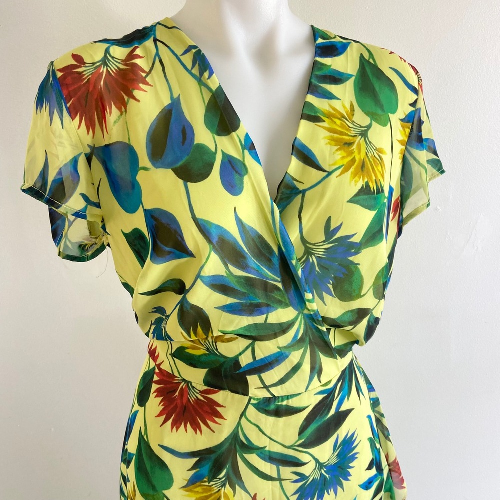 Taylor Lime Green Floral Chiffon Faux Wrap Maxi Dress Sz 14 Tropical Ruffle Hem - Picture 2 of 8